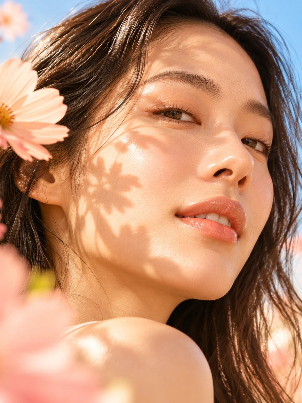 LUMEVI beauty model with natural glowing skin in sunlight